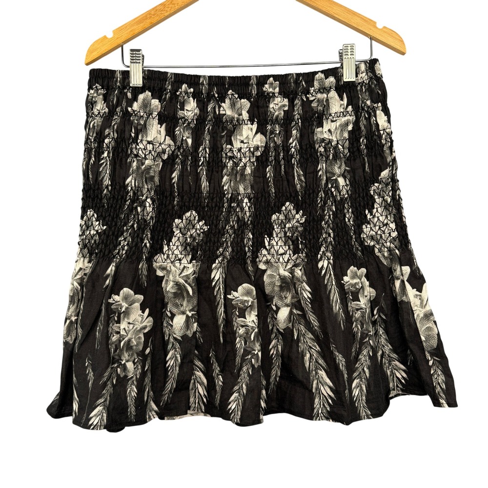 AllSaints Linen Floral Smocked Ruffle Riah Mia Pull On Mini Skirt US10 Victorian